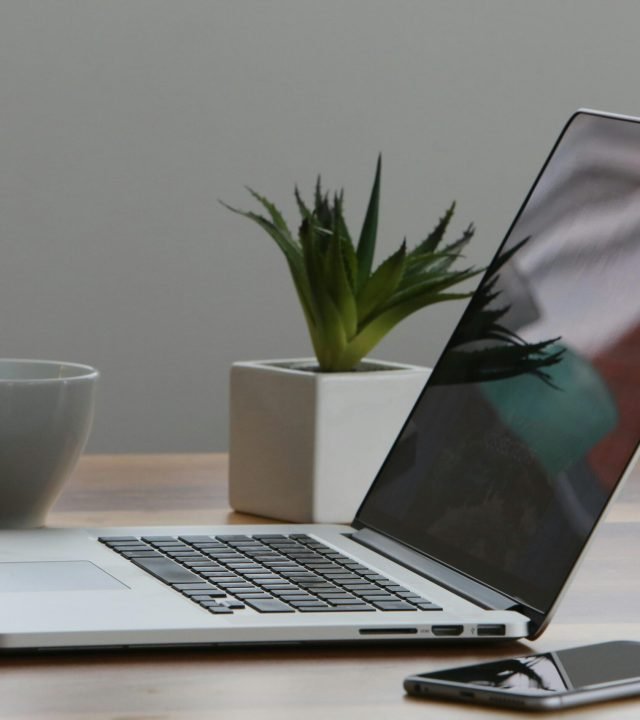 Minimalist home office desk with laptop, smartphone, and plant for a modern work environment.